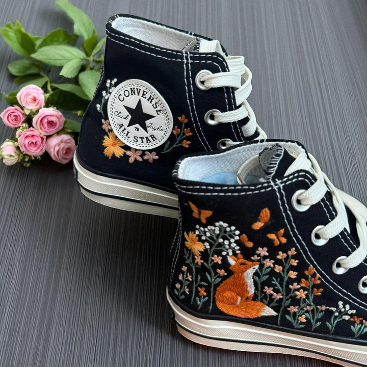 Stitchery Zone Fox Embroidered Sneakers black high-top shoes with floral and fox embroidery