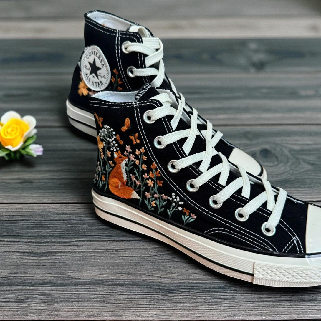 Black high-top Fox Embroidered Sneakers by Stitchery Zone with detailed floral and fox embroidery