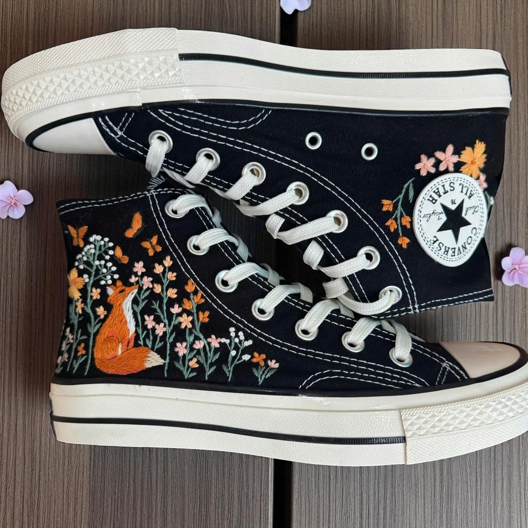 Black high-top Fox Embroidered Sneakers by Stitchery Zone with orange fox and floral embroidery