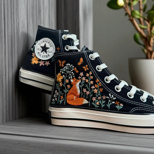 Fox Embroidered Sneakers by Stitchery Zone with purple floral embroidery on white high-top canvas shoes