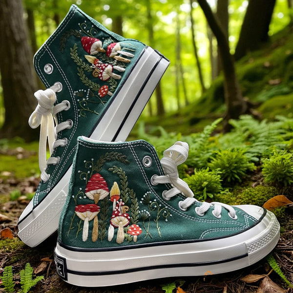 Stitchery Zone Mushrooms Embroidered Sneakers in green high-top design with white laces and detailed mushroom embroidery