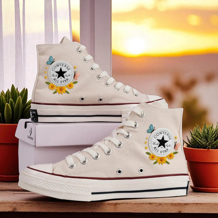Halloween Themed Embroidered Shoes Cute Ghost Flower Shoes by Stitchery Zone on white high top sneakers