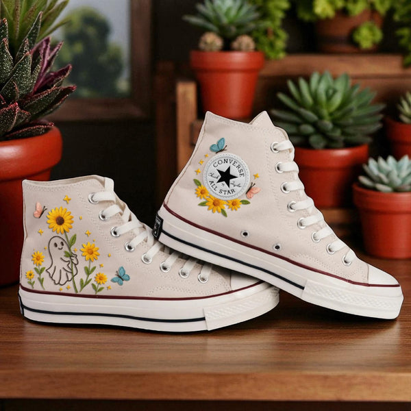 Halloween Themed Embroidered Shoes by Stitchery Zone featuring cute ghost flower shoes with purple floral embroidery on white high-top sneakers