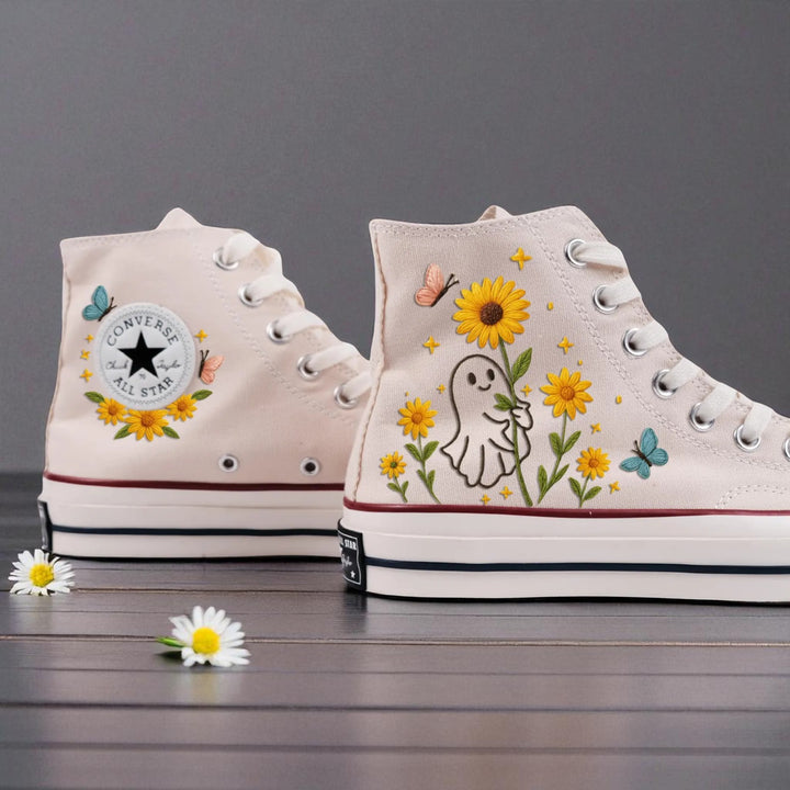 Halloween Themed Embroidered Shoes cute ghost flower shoes with yellow sunflowers and butterflies on white high-top sneakers