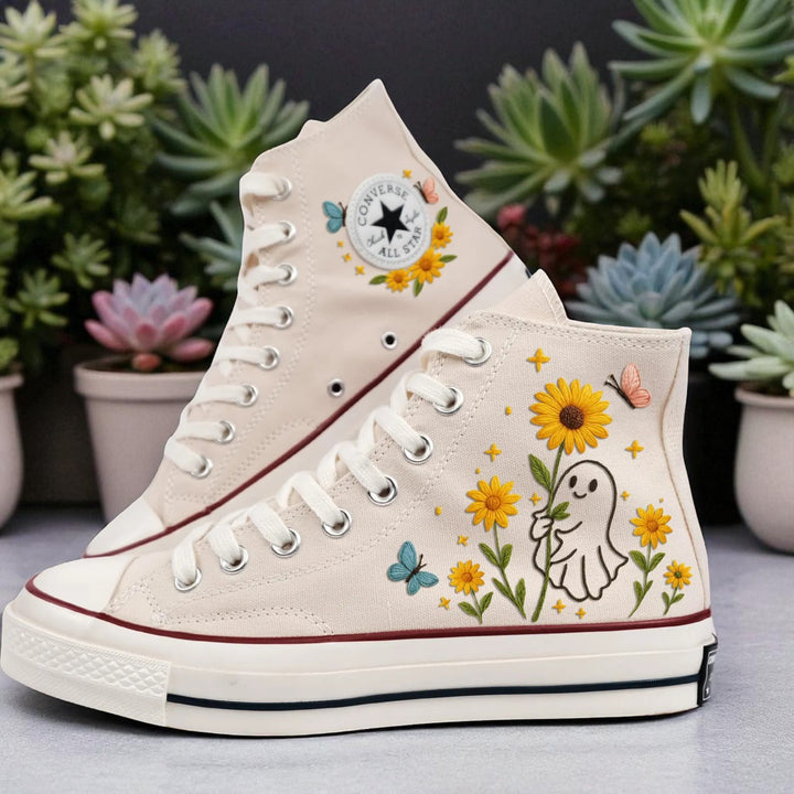 Halloween Themed Embroidered Shoes cute ghost flower shoes by Stitchery Zone on white high-top sneakers