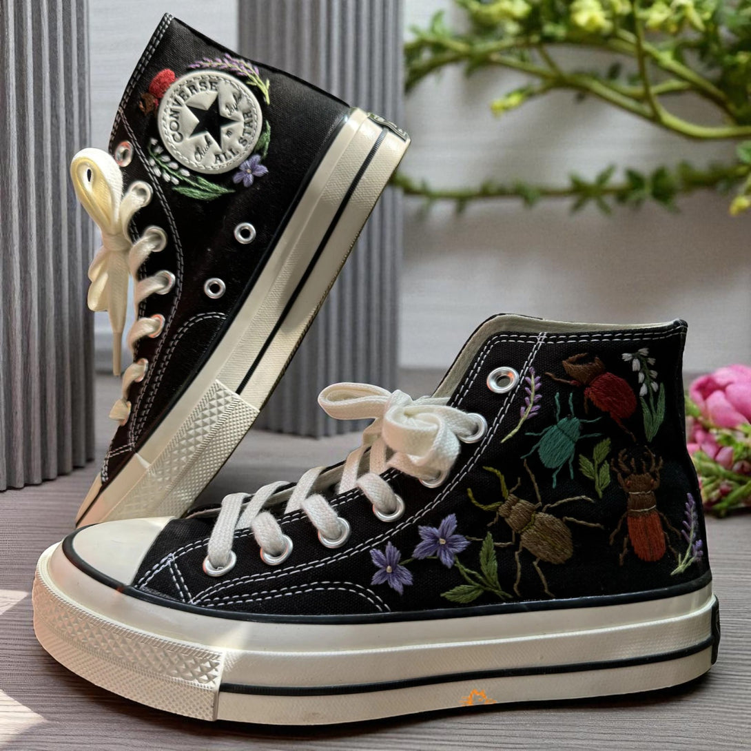 Halloween Vibes Embroidered Sneakers by Stitchery Zone black high-top shoes with floral and beetle embroidery