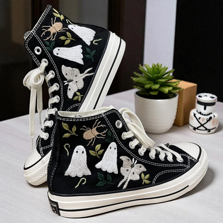 Stitchery Zone Halloween Vibes Embroidered Sneakers black high-top with red mushroom embroidery