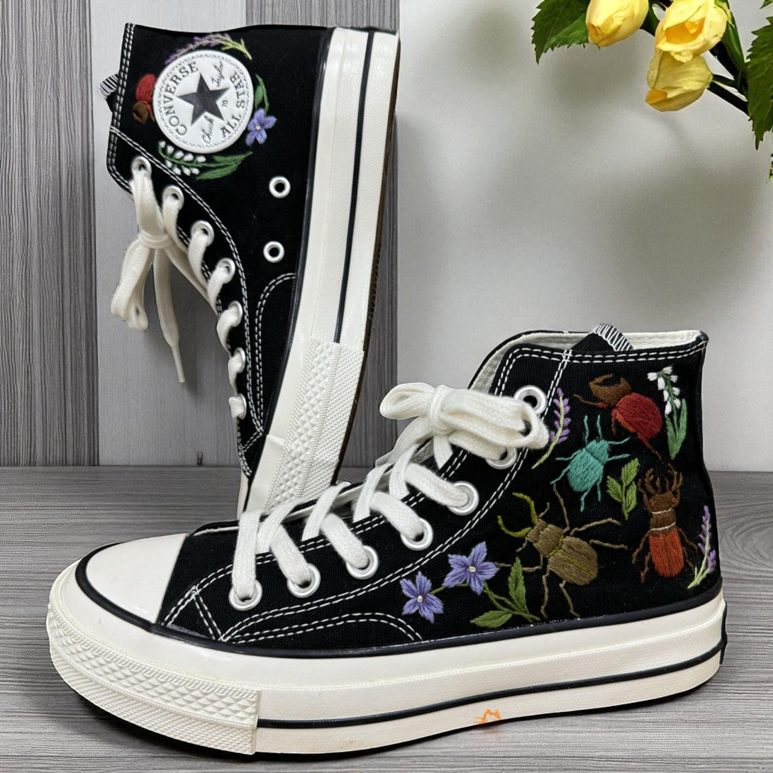 Halloween Vibes Embroidered Sneakers by Stitchery Zone black high-top shoes with colorful insect and floral embroidery