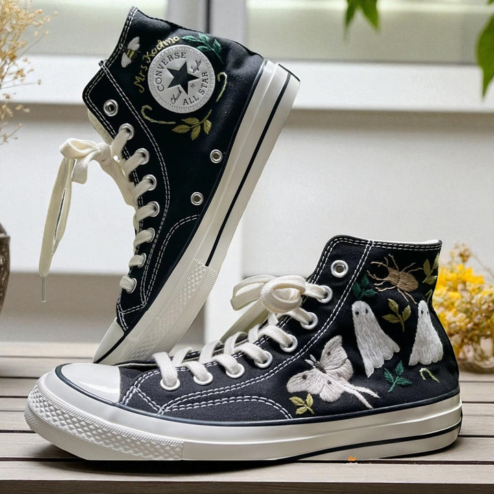 Halloween Vibes Embroidered Sneakers by Stitchery Zone green high top shoes with mushroom design