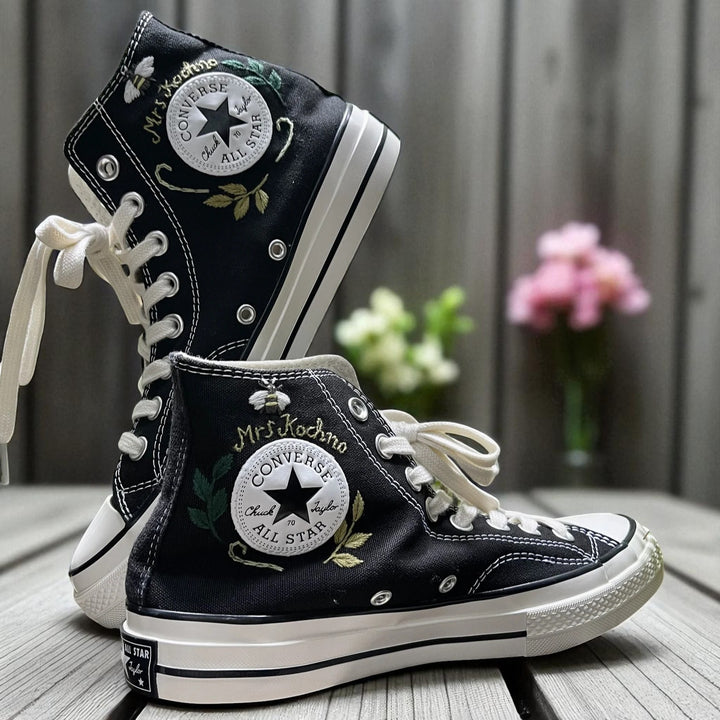 Yellow Halloween Vibes Embroidered Sneakers with mushroom and leaf designs by Stitchery Zone