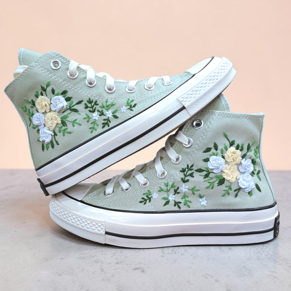 Hand Embroidered Bride Shoes in mint green with floral embroidery and white accents for a personalized touch