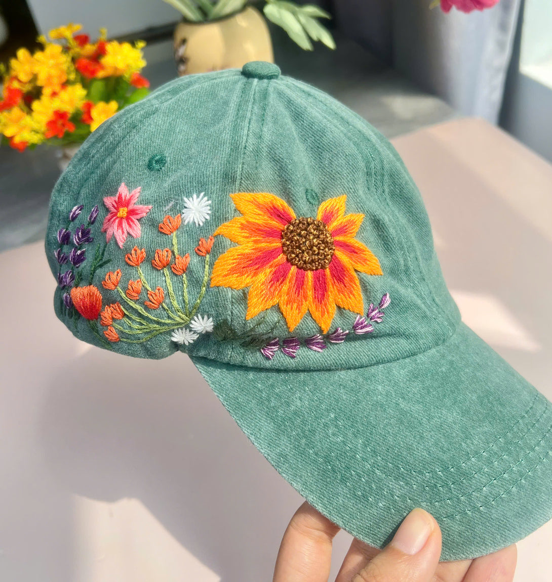 Stitchery Zone embroidered green hat with colorful floral design gift for flower lovers hat