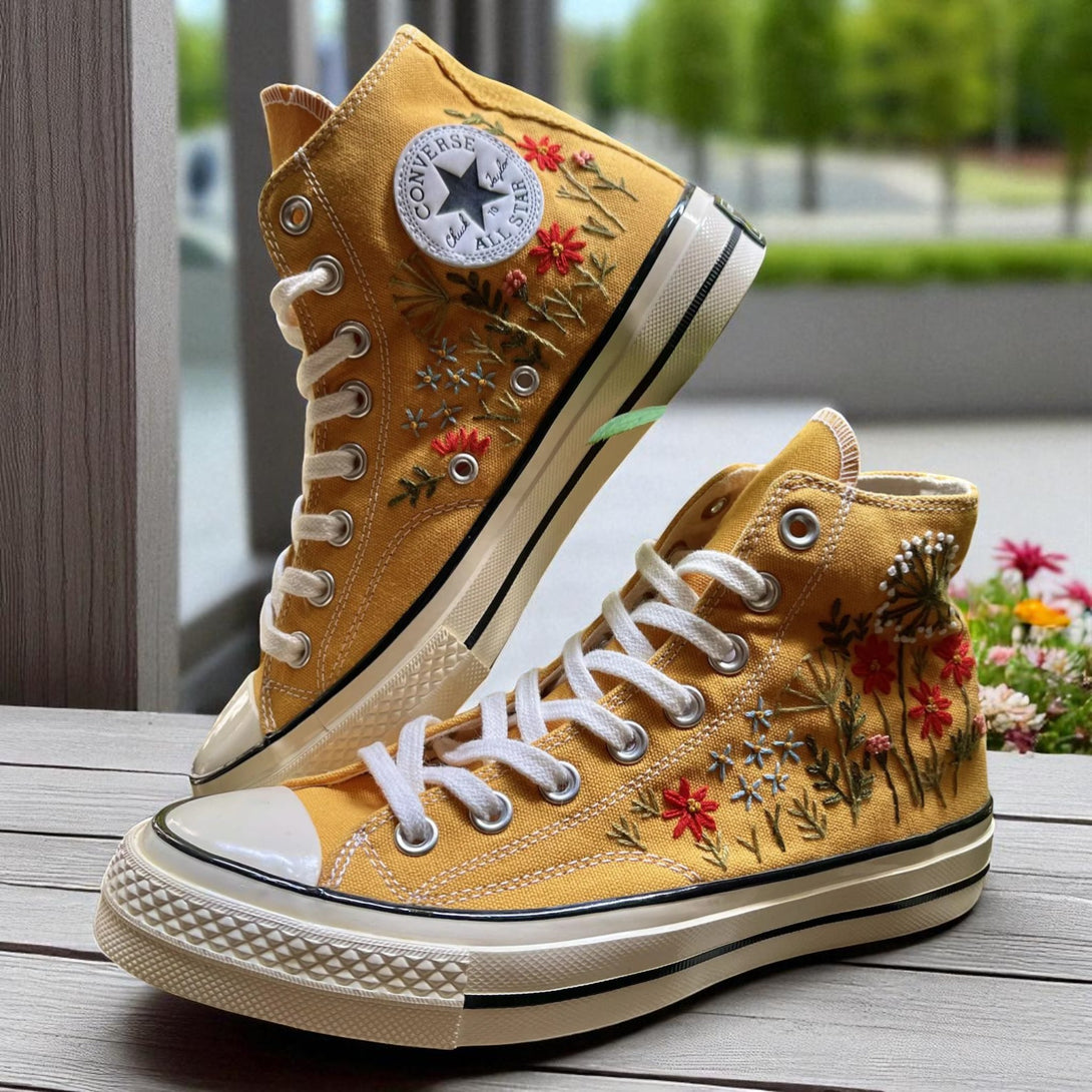 Stitchery Zone hand-stitched flower high top shoes with embroidered mushrooms on black fabric