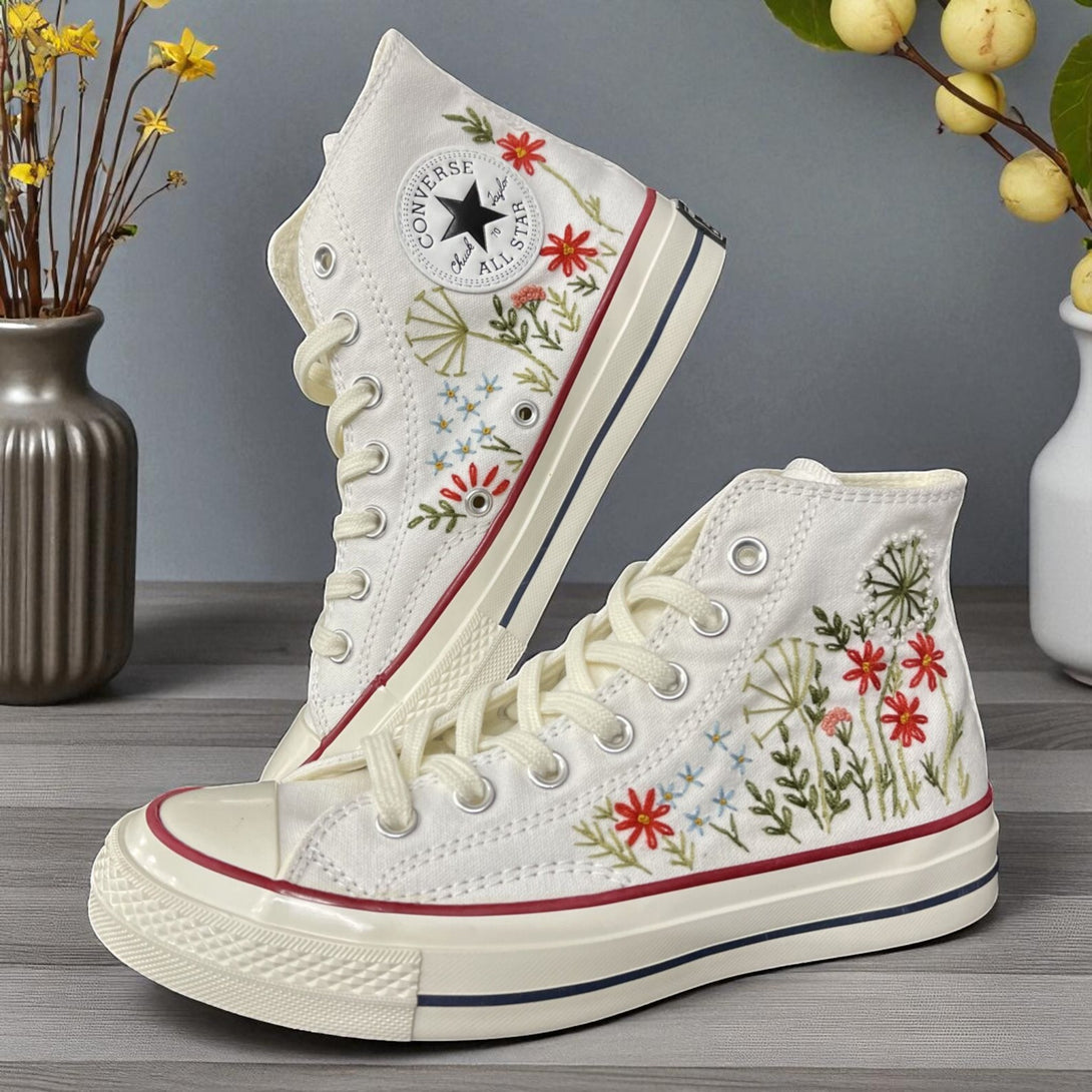Stitchery Zone hand-stitched flower high top shoes with embroidered mushroom design in forest setting