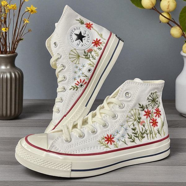Stitchery Zone hand-stitched flower high top shoes with embroidered mushroom design in forest setting