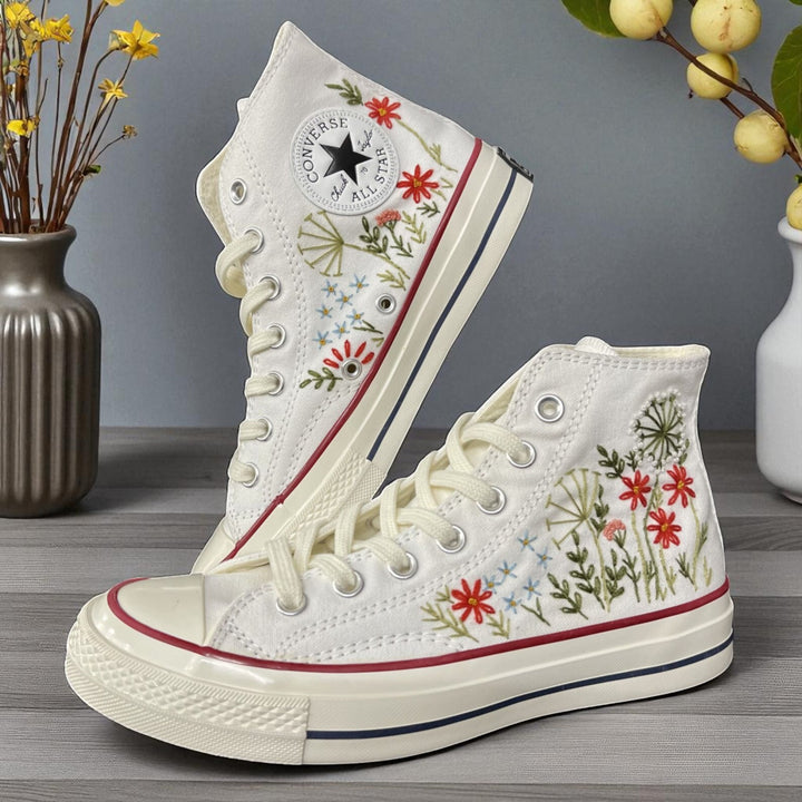 Stitchery Zone hand-stitched flower high top shoes with embroidered mushroom design in forest setting