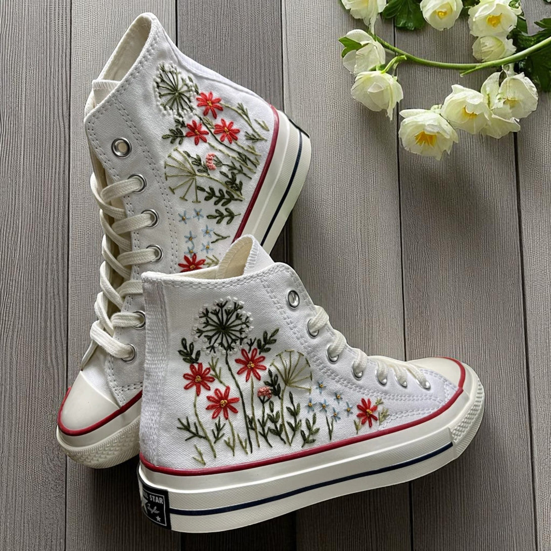 Stitchery Zone hand-stitched flower high top shoes in yellow with embroidered mushrooms and floral design