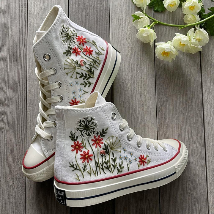 Stitchery Zone hand-stitched flower high top shoes in yellow with embroidered mushrooms and floral design