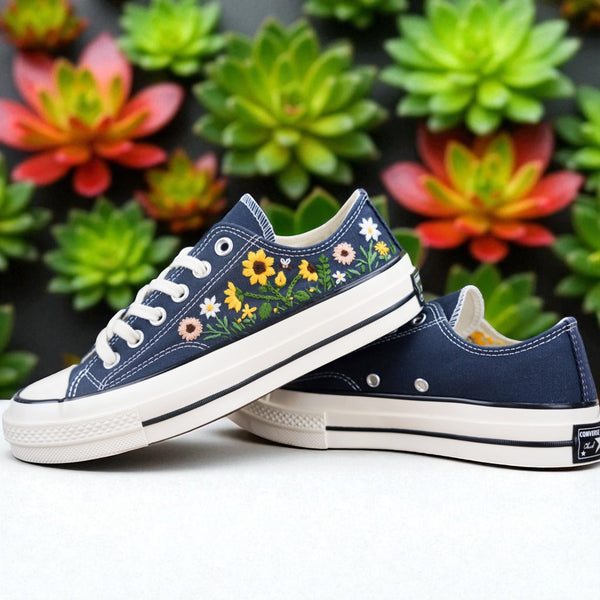 Stitchery Zone hand-stitched flower low top sneakers in navy blue with colorful embroidered floral designs