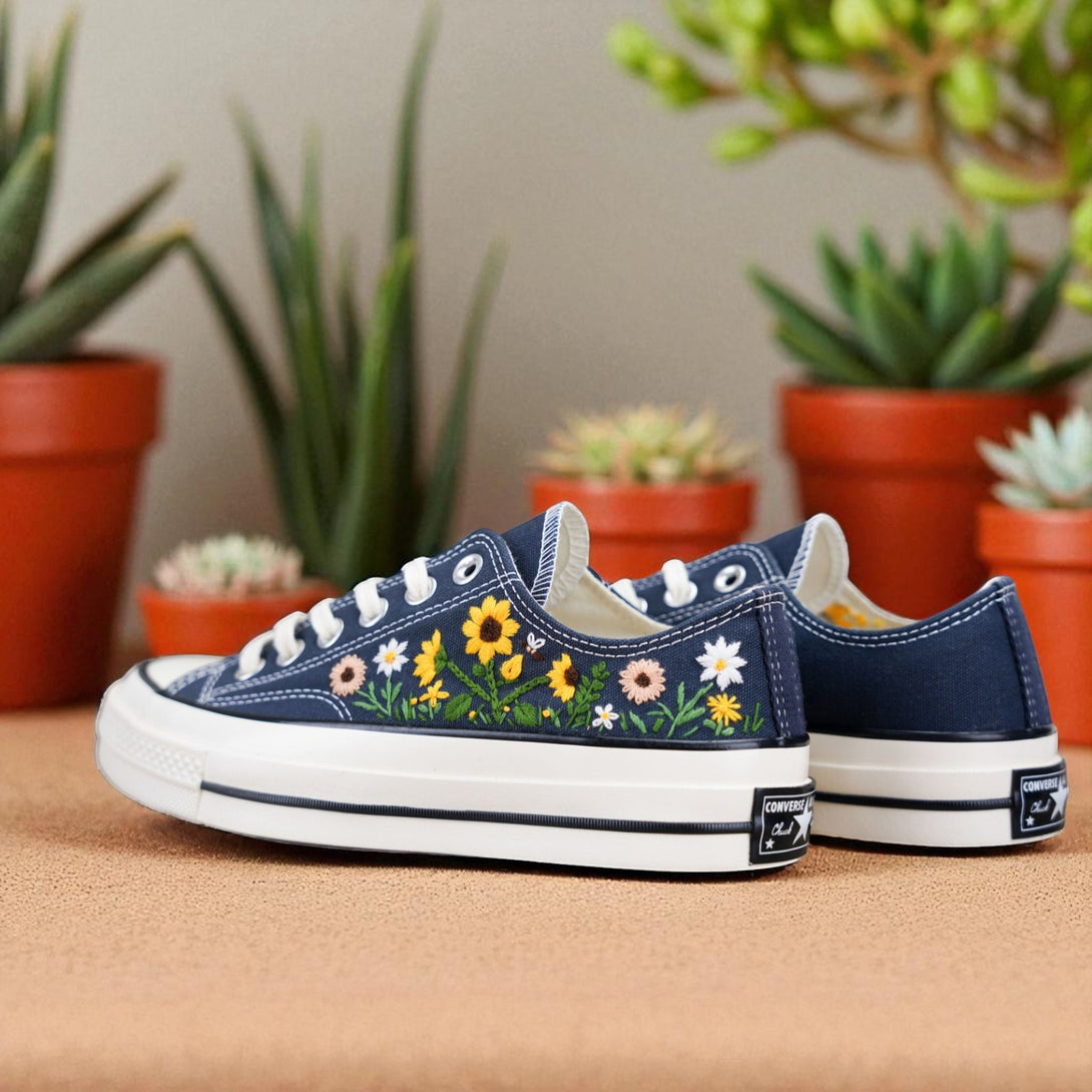 Stitchery Zone hand-stitched flower low top sneakers with colorful embroidered floral design on navy canvas