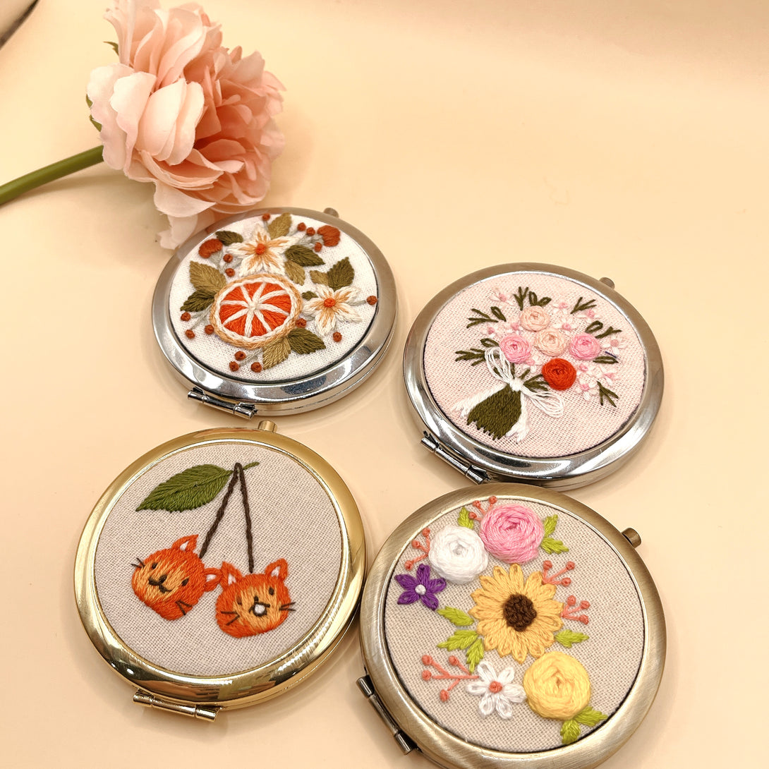 Handmade embroidered small mirror set with floral and animal designs by Stitchery Zone