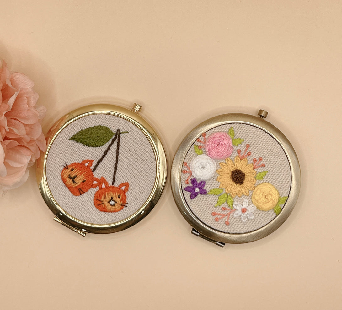 Handmade Embroidered Small Mirror set with floral and fruit embroidery by Stitchery Zone