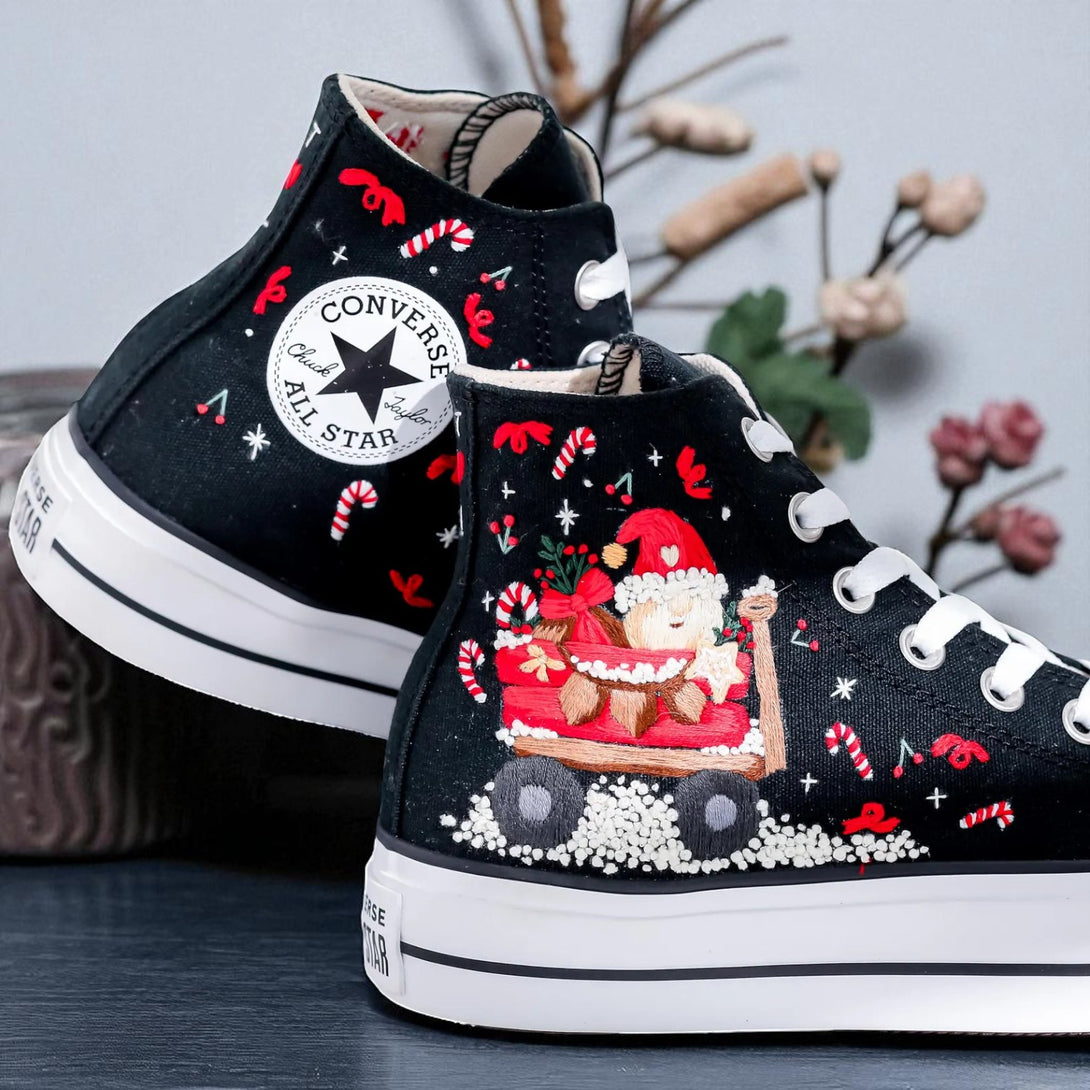 Xmas Embroidery Converse black high top embroidered shoes with Santa in wagon and candy cane details