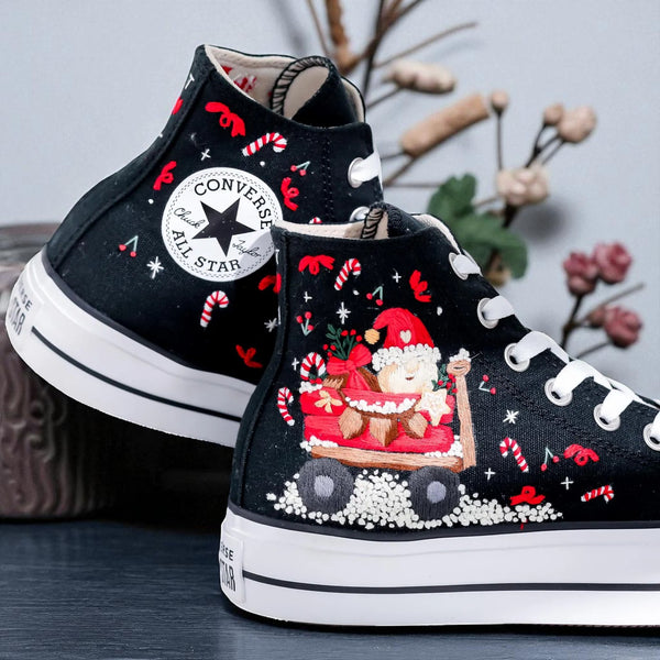 Xmas Embroidery Converse black high top embroidered shoes with Santa in wagon and candy cane details
