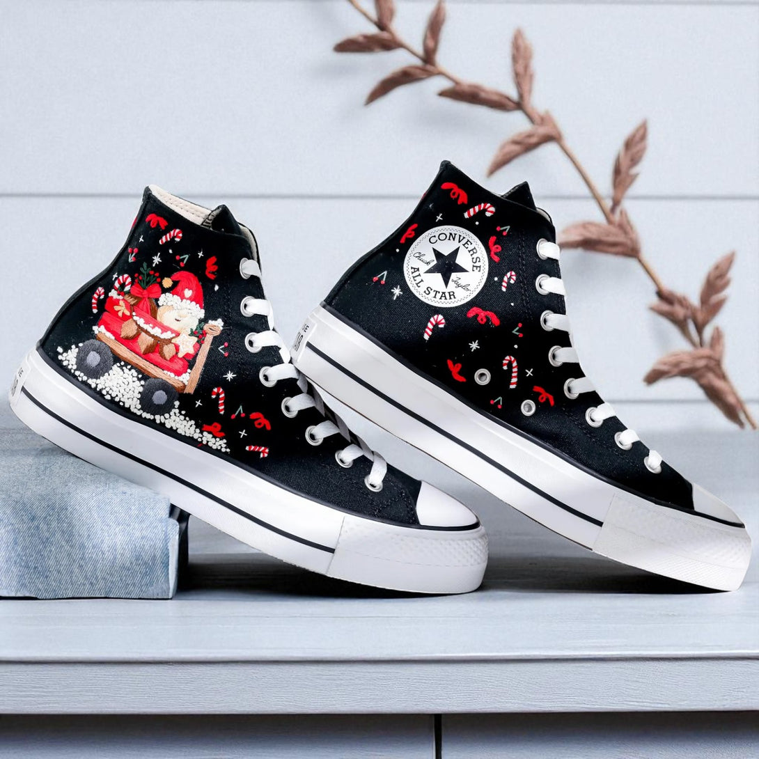 Black high top Xmas Embroidery Converse with Santa sleigh and candy cane embroidery, Converse All Star logo