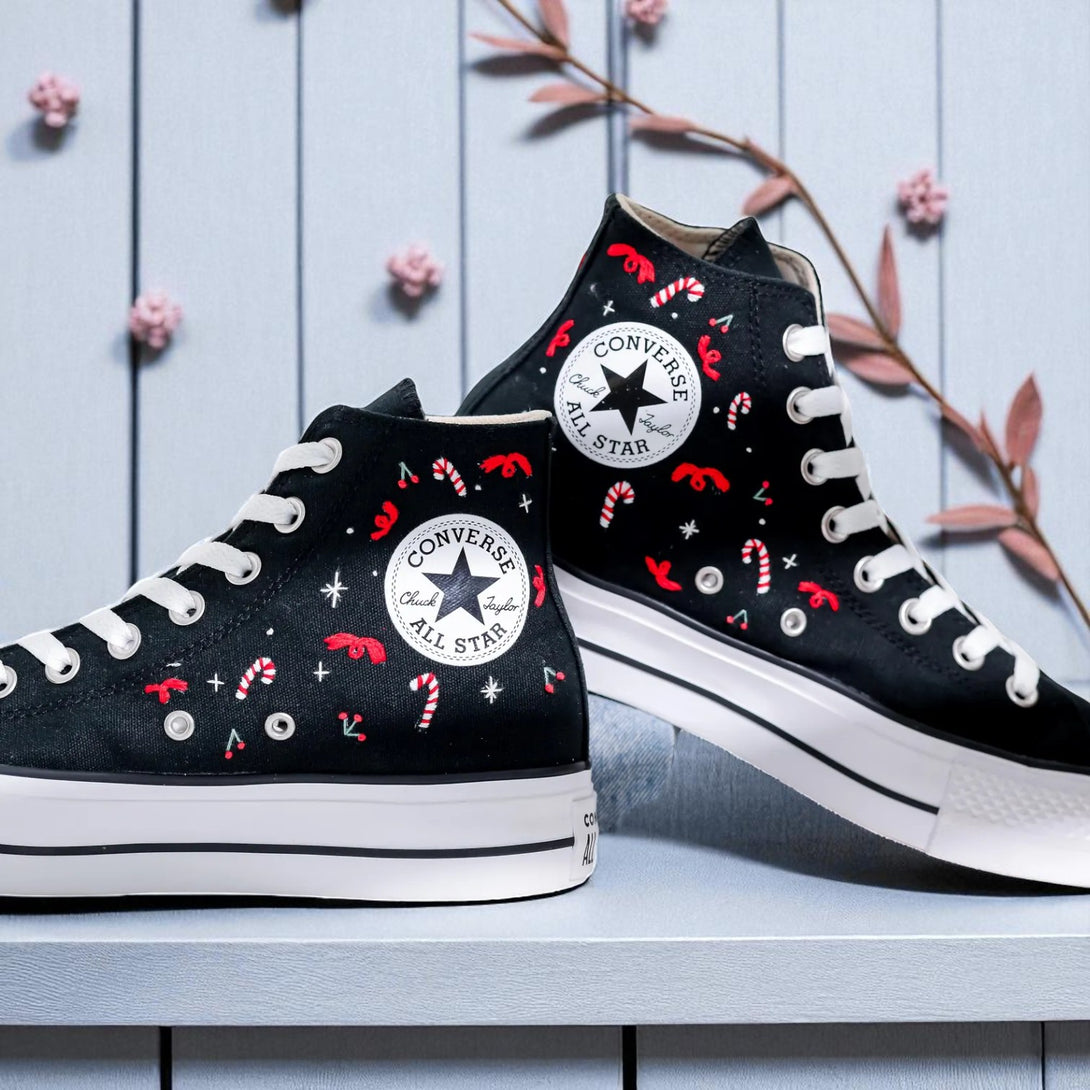 Black high top Xmas Embroidery Converse with red white candy cane and star embroidered holiday motifs