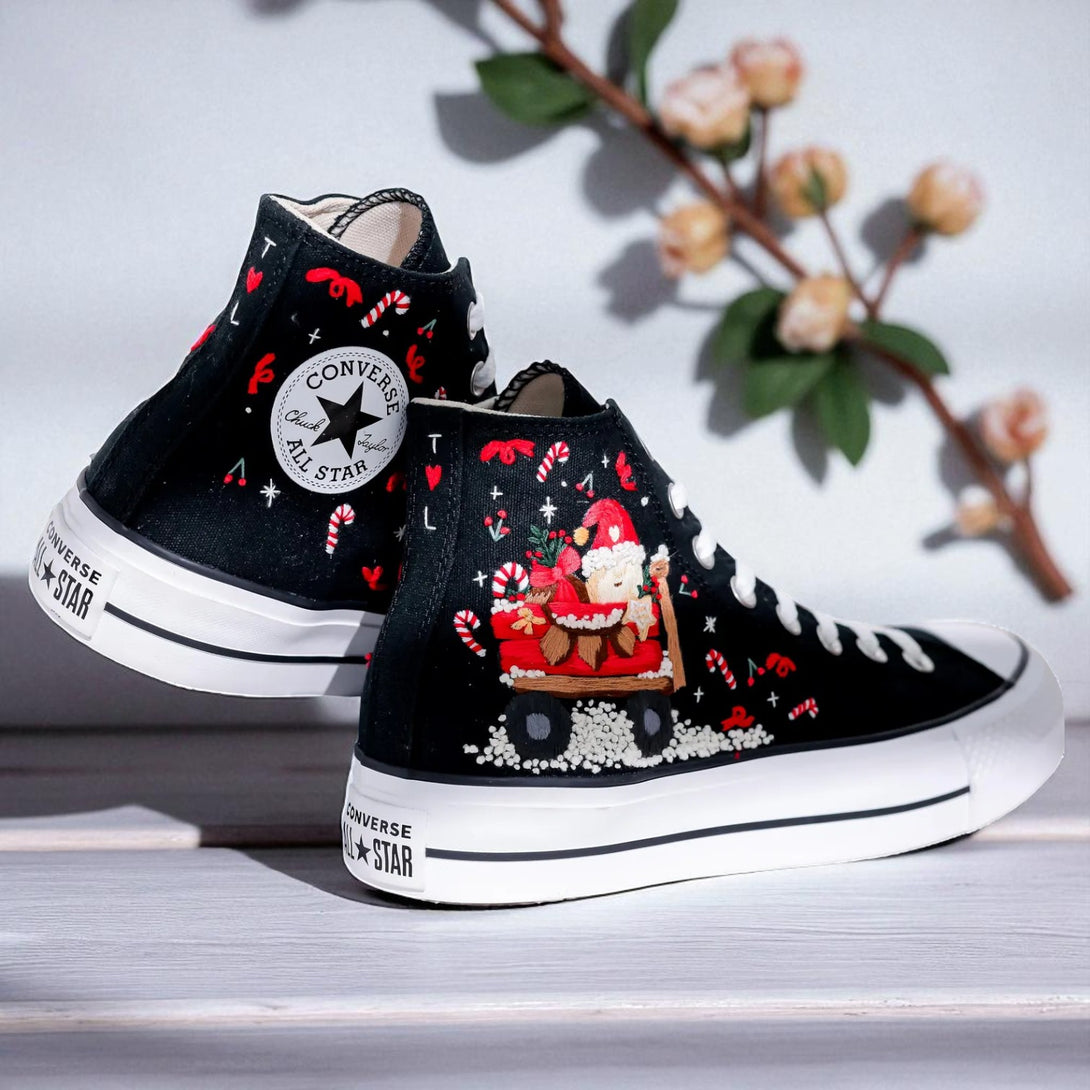 Xmas Embroidery Converse black high top embroidered shoes with Santa sleigh candy cane details