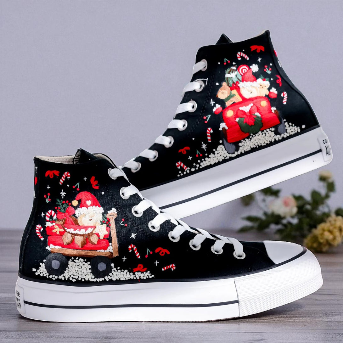 Xmas Embroidery Converse high top black embroidered shoes with Santa sleigh and candy cane details