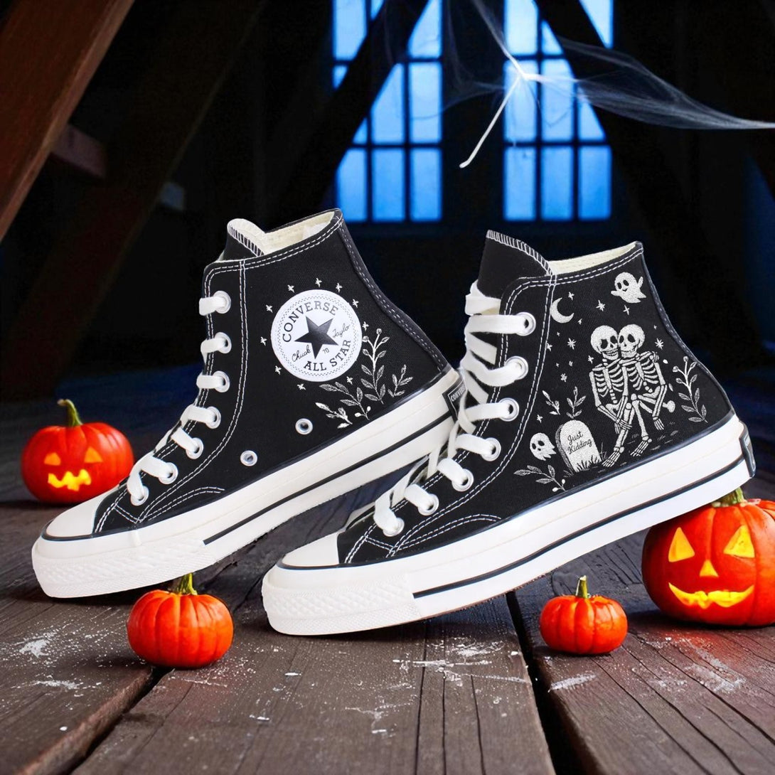 Custom Bone Lover Converse black embroidered high top shoes with skeleton and floral design