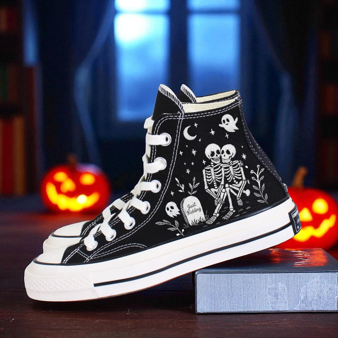 Custom Bone Lover Converse black high top embroidered shoes with skeleton couple tombstone moon design