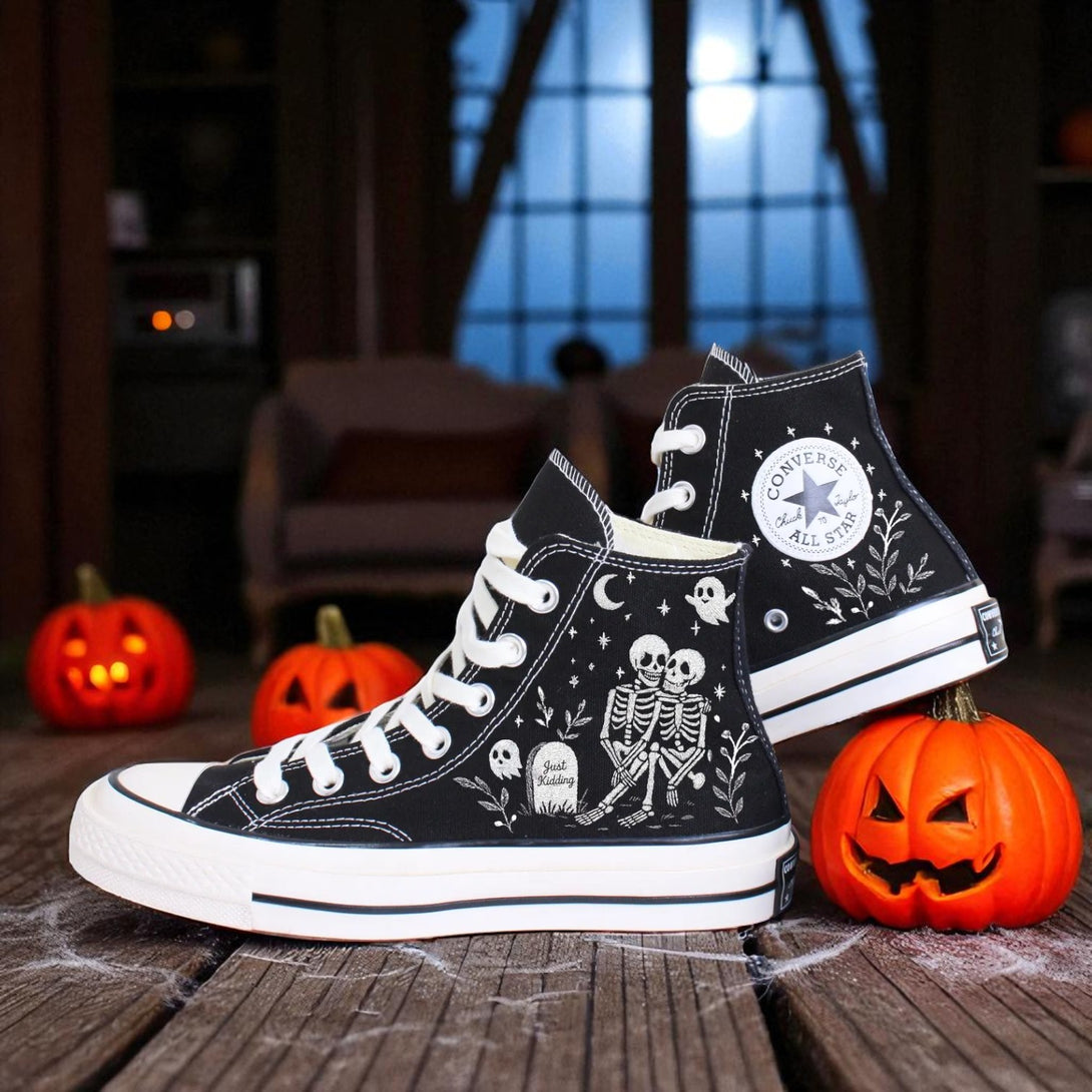 Converse embroidered shoes black high top with skeleton couple embroidery spooky Halloween display Custom Bone Lover Converse