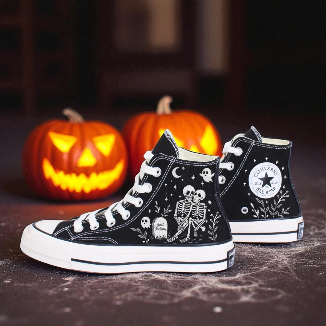 Custom Bone Lover Converse black embroidered high top shoes featuring skeleton couple gravestone and moon motifs