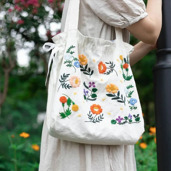 Drawstring Floral Embroidered Linen Tote Bag - Stitchery Zone