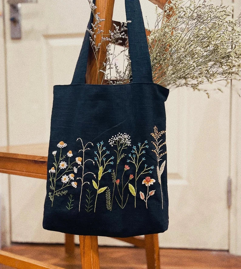 Floral Garden Embroidered Tote Bag With Zipper And Pocket - Stitchery Zone