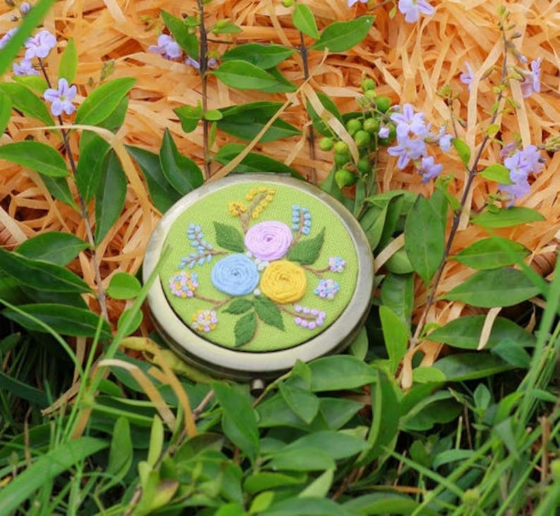 Small Decorative Mirror with Flowers Embroidery - Stitchery Zone