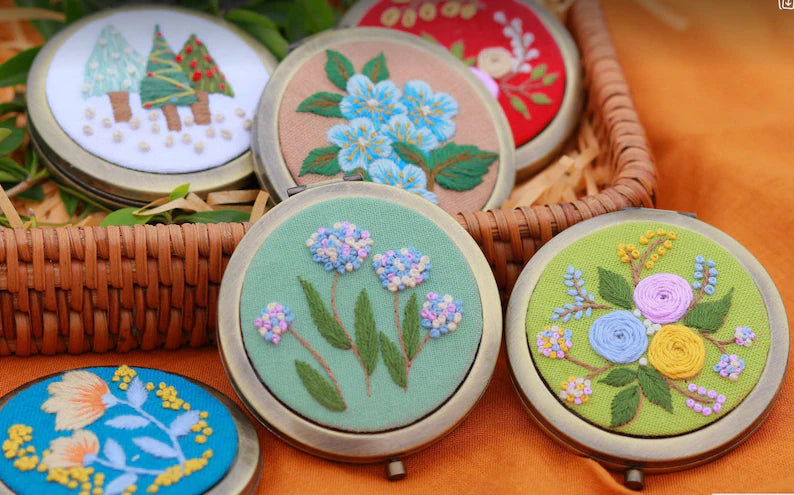 Small Decorative Mirror with Flowers Embroidery - Stitchery Zone