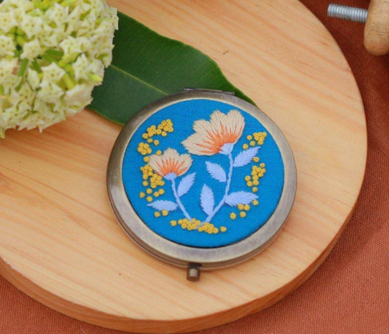 Small Decorative Mirror with Flowers Embroidery - Stitchery Zone