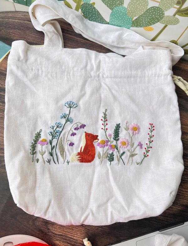 Fox With Flowers Embroidered Linen Tote Bag - Stitchery Zone