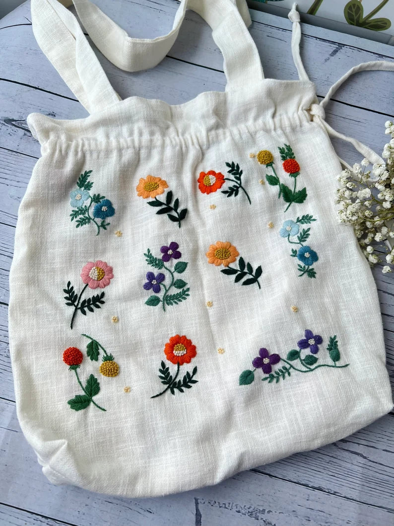 Drawstring Floral Embroidered Linen Tote Bag - Stitchery Zone