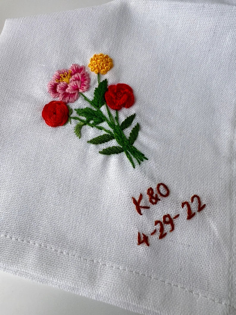 Custom Flower Bouquet Embroidered Handkerchiefs - Stitchery Zone