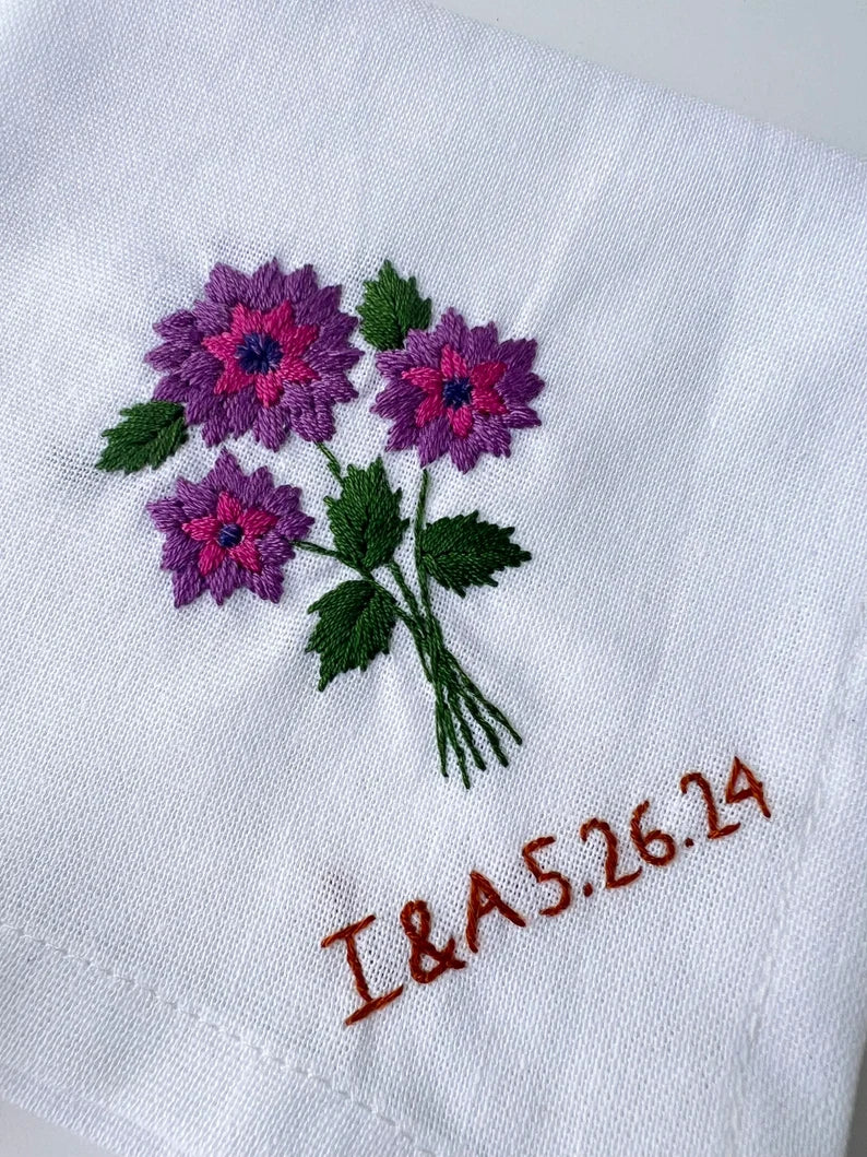 Custom Flower Bouquet Embroidered Handkerchiefs - Stitchery Zone