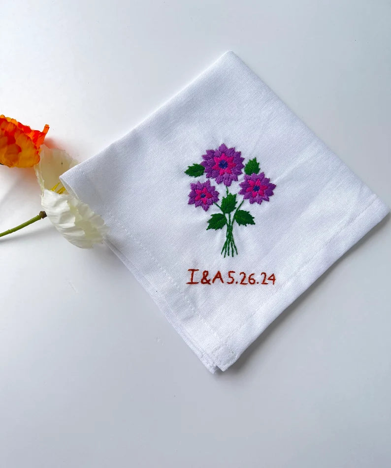 Custom Flower Bouquet Embroidered Handkerchiefs - Stitchery Zone