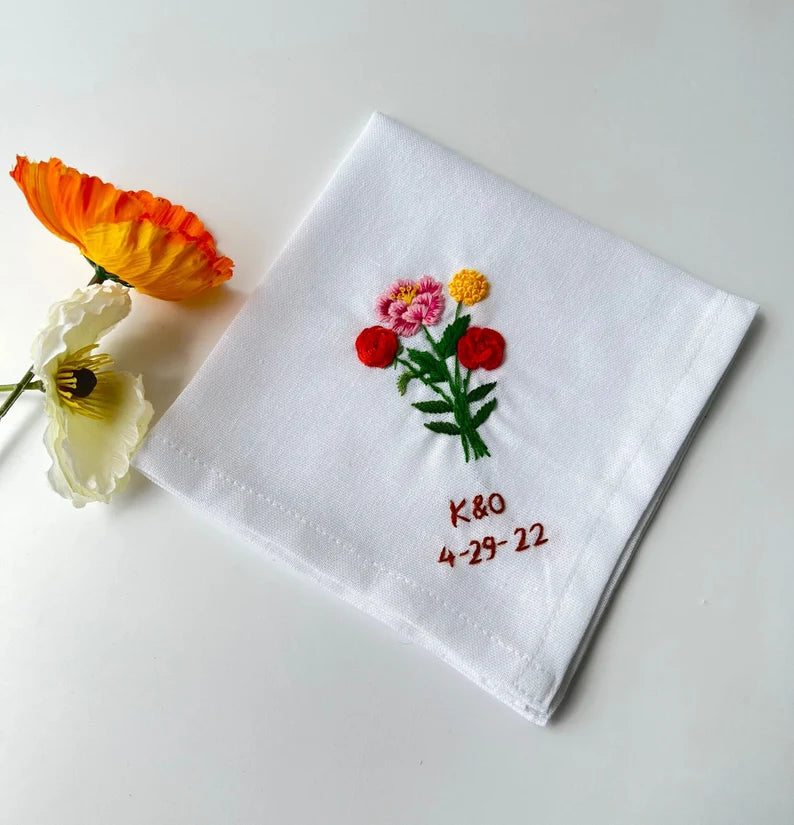 Custom Flower Bouquet Embroidered Handkerchiefs - Stitchery Zone