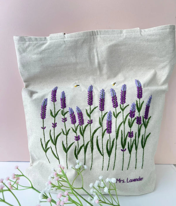 Lavender/Daisy Garden Embroidered Canvas Tote Bag With Zipper And Pocket - Stitchery Zone