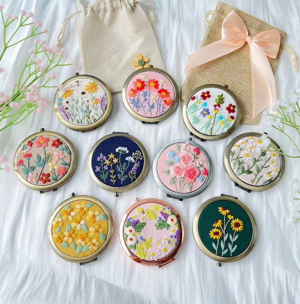 Wild flower Embroidered Compact Mirror Comes With a Drawstring Bag