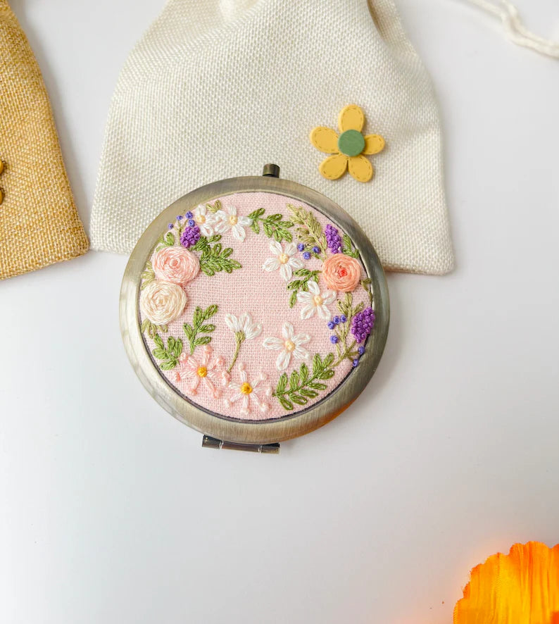 Wild flower Embroidered Compact Mirror Comes With a Drawstring Bag - Stitchery Zone